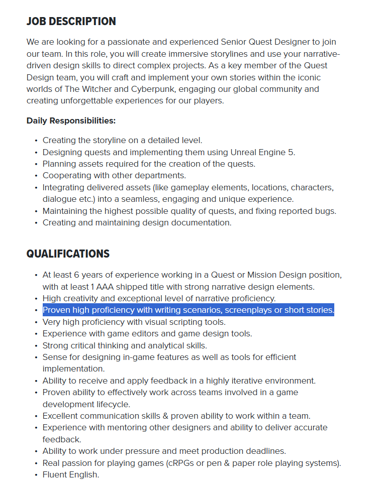 Historical CDPR Senior Quest Designer listing, highlighting proficiency in writing scenarios, screenplays or short stories.