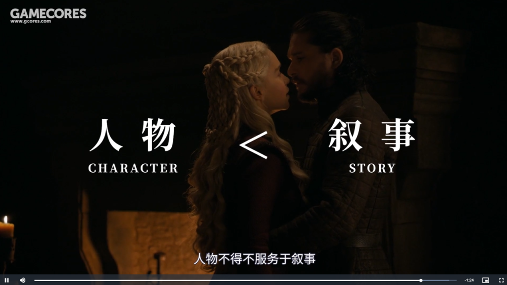 Gcores video discussing Game of Thrones, with the relationship CHARACTER < STORY on screen.