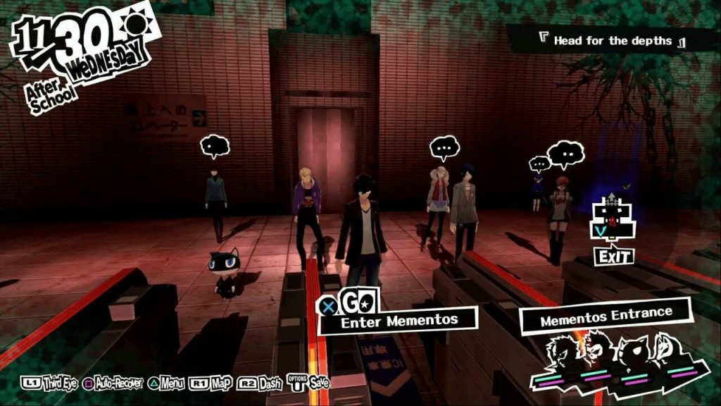 Persona 5 party at the Mementos entrance, with dialogue and objective prompts.