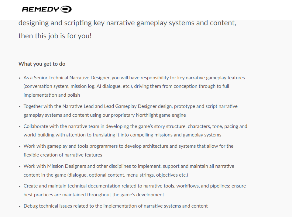 A Remedy narrative designer job description illustrating the breadth of the role.