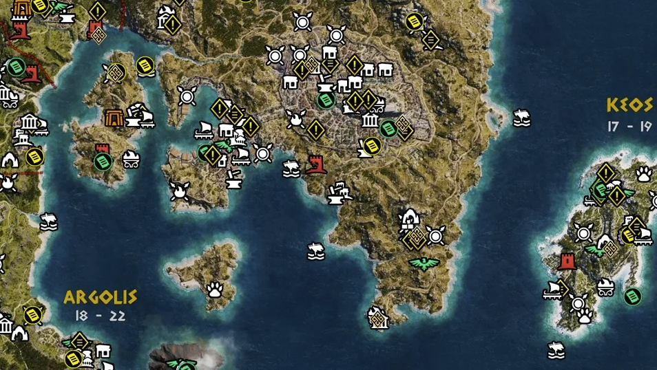 A map densely covered in quest and activity icons.