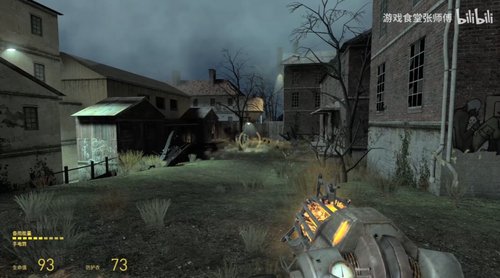 The player enters Ravenholm holding the Gravity Gun, with side routes closed off.