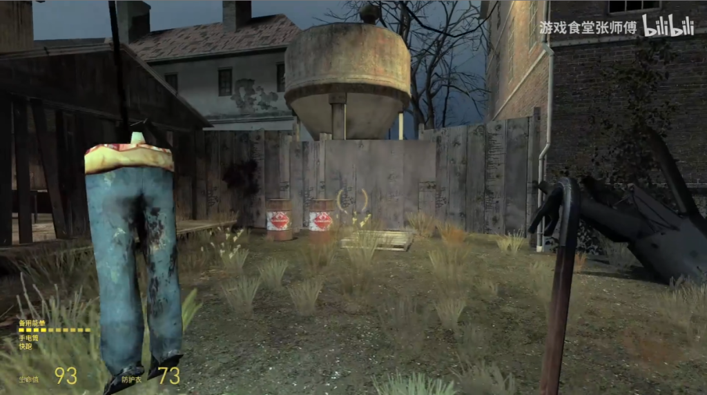 Fuel barrels and a mutilated body outside a boarded wooden shack in Ravenholm.