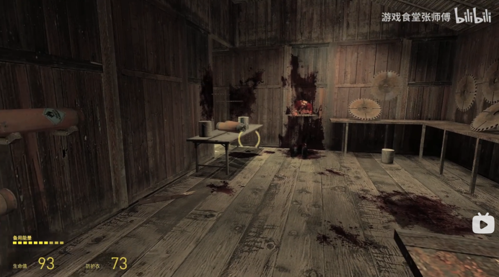 Interior of the shack, with tables, saw blades and a dead zombie.