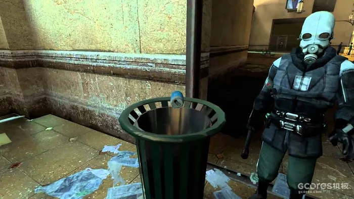 The Combine officer and trash can in Half-Life 2’s opening.