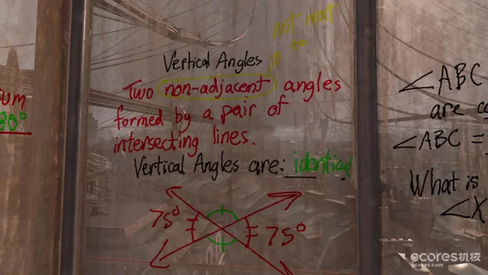 A geometry lesson drawn on a window in Half-Life: Alyx.