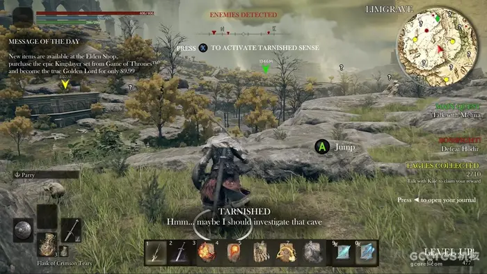 A parody overlay covering Elden Ring in map markers, prompts and objectives.