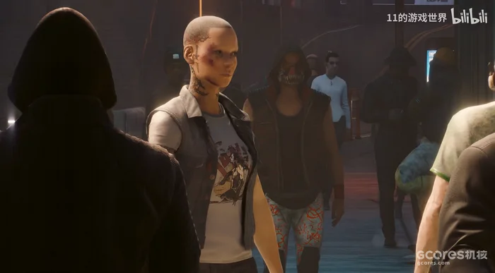 V stands among the crowd at the end of the Tower ending.